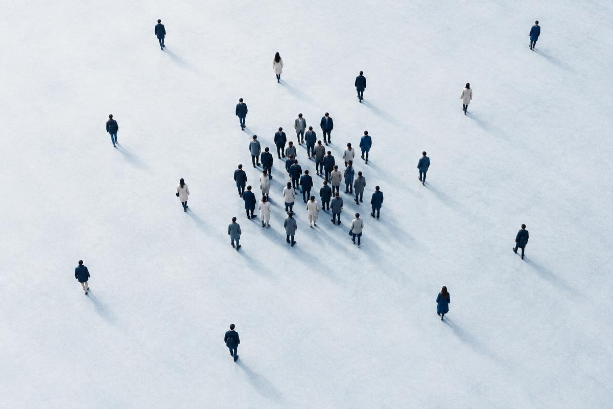A group of people seen from above, drifting apart on a pale floor