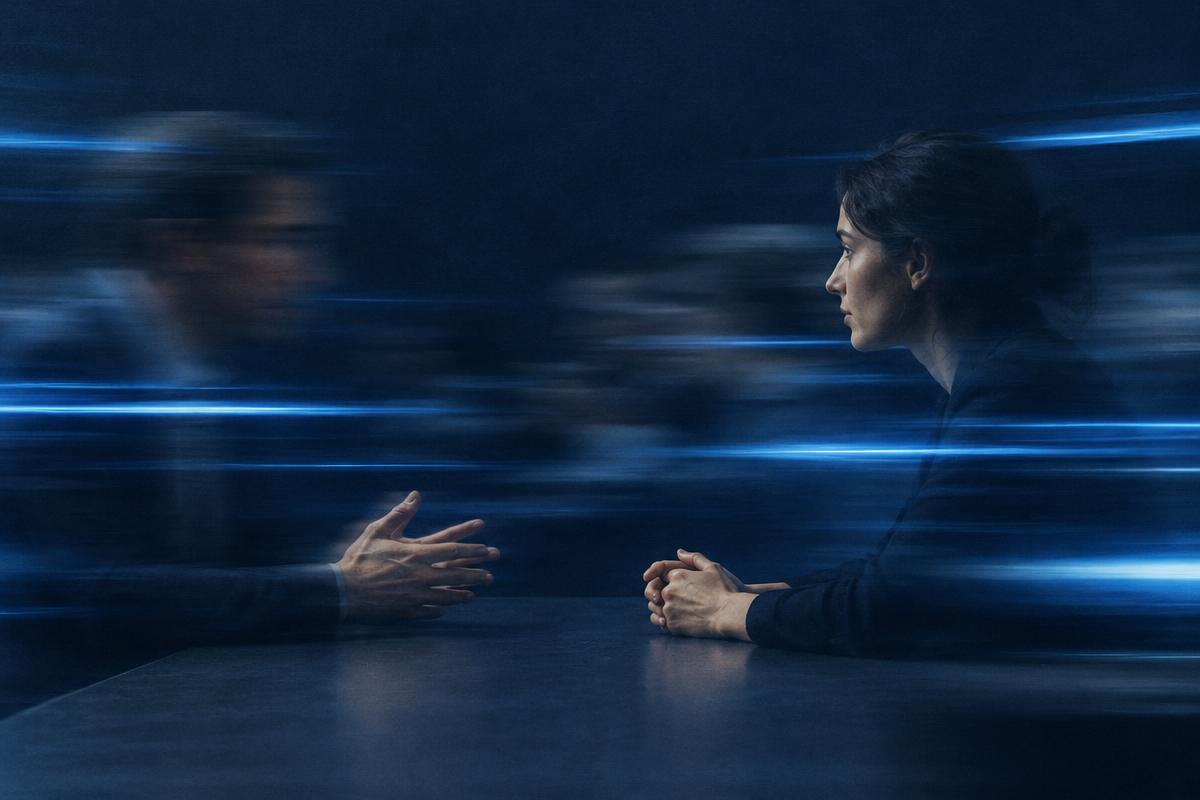 Two people in conversation in a blur of blue light and motion